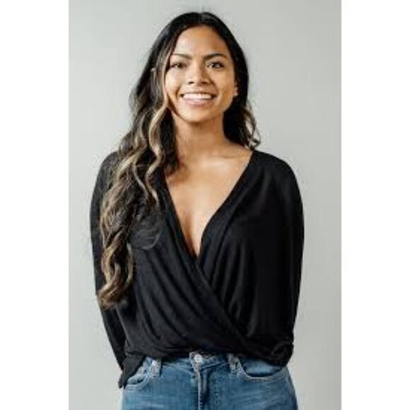 Lqbz Blouse Women's S Black Plunge Neck Long Sleeve Old Money Classic Staple - Picture 8 of 9